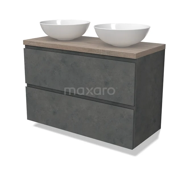 Modulo Plato Vanity units for countertop basin | 100 cm Dark grey concrete Handle-less front Oak worktop 2 Stacked drawers BMK17-02944