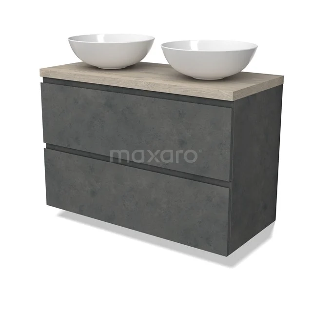 Modulo Plato Vanity units for countertop basin | 100 cm Dark grey concrete Handle-less front Light grey oak worktop 2 Stacked drawers BMK17-02945