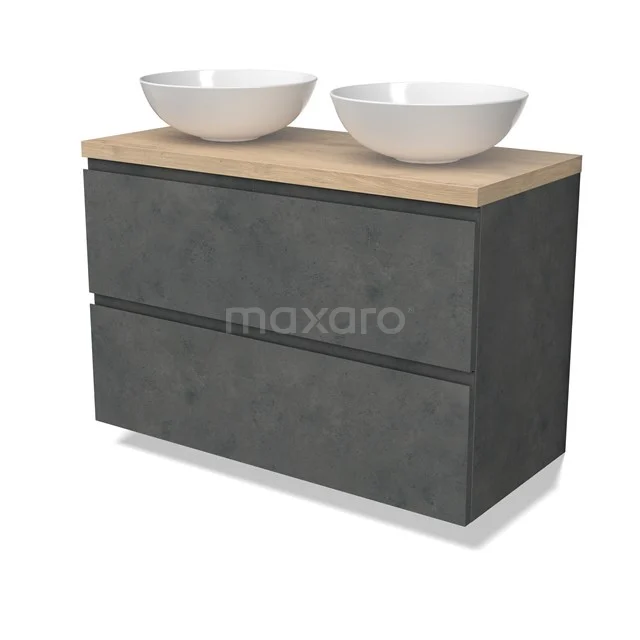 Modulo Plato Vanity units for countertop basin | 100 cm Dark grey concrete Handle-less front Light brown oak worktop 2 Stacked drawers BMK17-02946