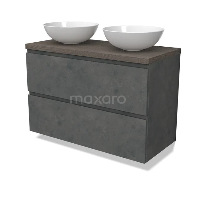 Modulo Plato Vanity units for countertop basin | 100 cm Dark grey concrete Handle-less front Dark brown oak worktop 2 Stacked drawers BMK17-02948