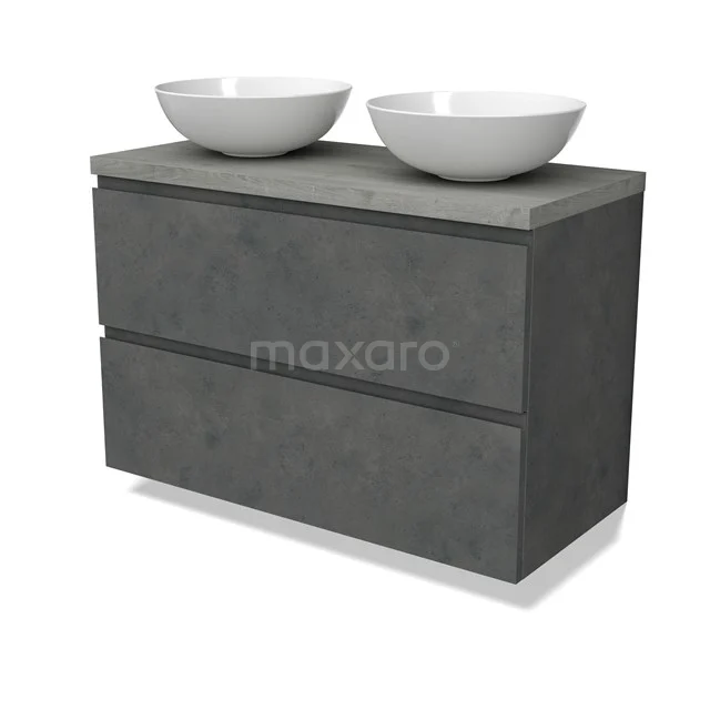 Modulo Plato Vanity units for countertop basin | 100 cm Dark grey concrete Handle-less front Grey oak worktop 2 Stacked drawers BMK17-02949