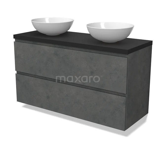 Modulo Plato Vanity units for countertop basin | 120 cm Dark grey concrete Handle-less front Matte black worktop 2 Stacked drawers BMK17-02952