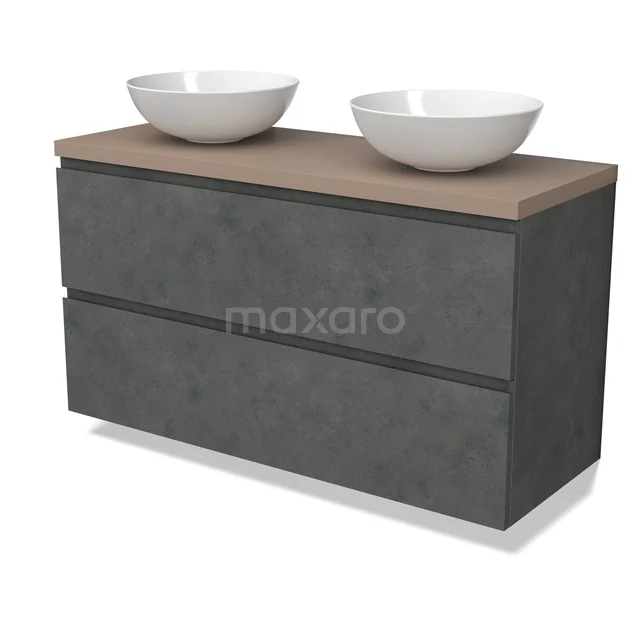 Modulo Plato Badmöbel mit Aufsatzwaschbecken | 120 cm Dunkelgrauer Beton Grifflos front Taupe blatt 2 übereinanderliegende Schubladen BMK17-02953