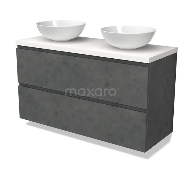 Modulo Plato Vanity units for countertop basin | 120 cm Dark grey concrete Handle-less front Matte white worktop 2 Stacked drawers BMK17-02956