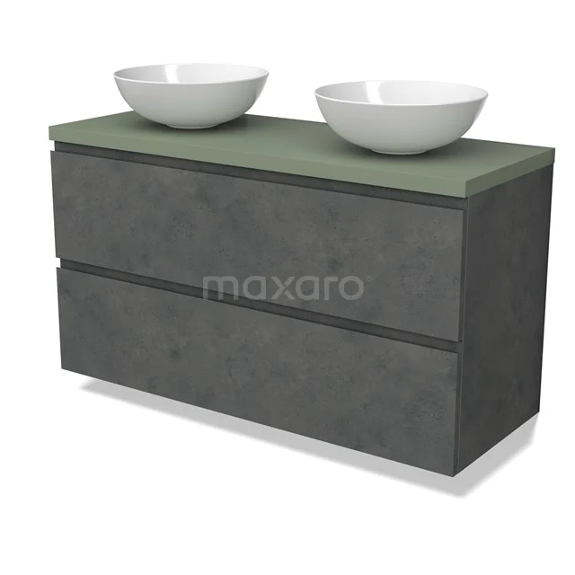Modulo Plato Vanity units for countertop basin | 120 cm Dark grey concrete Handle-less front Sage green worktop 2 Stacked drawers BMK17-02959