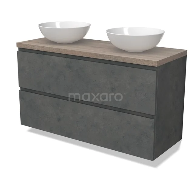 Modulo Plato Badmöbel mit Aufsatzwaschbecken | 120 cm Dunkelgrauer Beton Grifflos front Eiche blatt 2 übereinanderliegende Schubladen BMK17-02961