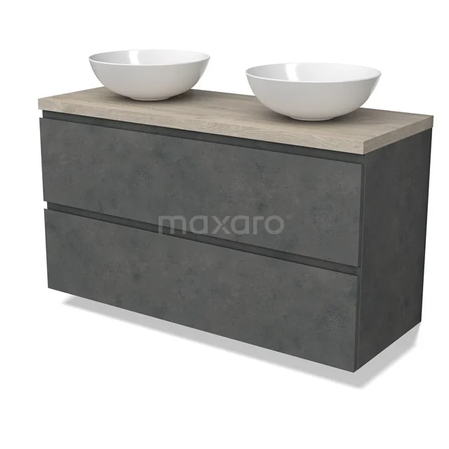 Modulo Plato Vanity units for countertop basin | 120 cm Dark grey concrete Handle-less front Light grey oak worktop 2 Stacked drawers BMK17-02962