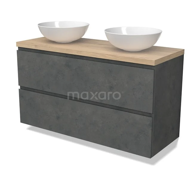 Modulo Plato Vanity units for countertop basin | 120 cm Dark grey concrete Handle-less front Light brown oak worktop 2 Stacked drawers BMK17-02963