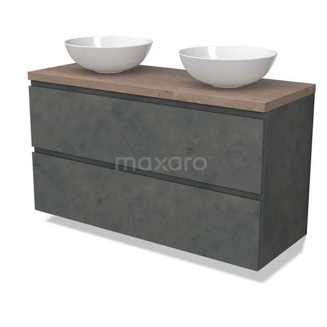 Modulo Plato Badmöbel mit Aufsatzwaschbecken | 120 cm Dunkelgrauer Beton Grifflos front Mittelbraune Eiche blatt 2 übereinanderliegende Schubladen BMK17-02964