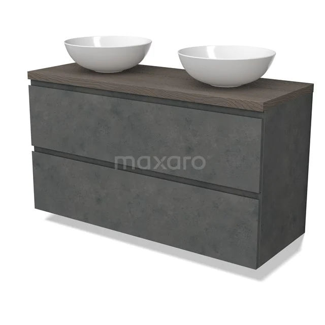 Modulo Plato Vanity units for countertop basin | 120 cm Dark grey concrete Handle-less front Dark brown oak worktop 2 Stacked drawers BMK17-02965