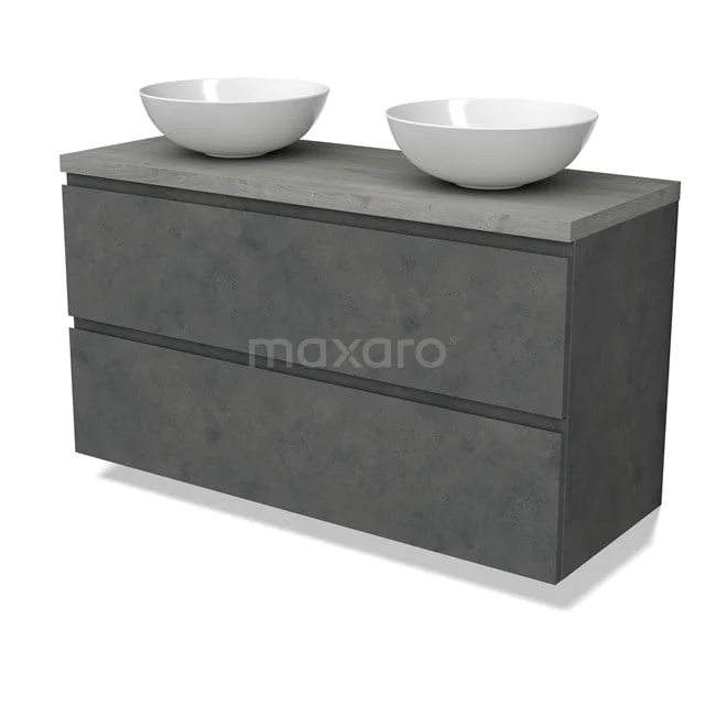 Modulo Plato Badmöbel mit Aufsatzwaschbecken | 120 cm Dunkelgrauer Beton Grifflos front Graue Eiche blatt 2 übereinanderliegende Schubladen BMK17-02966