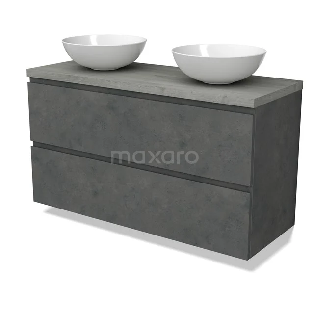 Modulo Plato Vanity units for countertop basin | 120 cm Dark grey concrete Handle-less front Grey oak worktop 2 Stacked drawers BMK17-02966