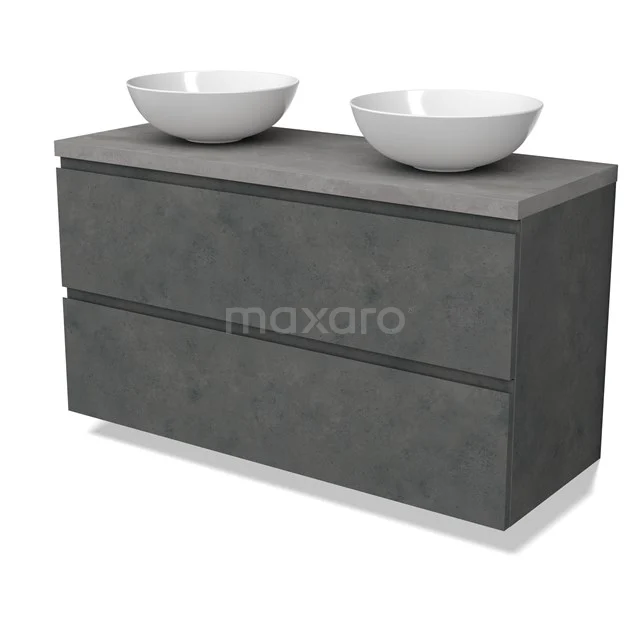 Modulo Plato Badmöbel mit Aufsatzwaschbecken | 120 cm Dunkelgrauer Beton Grifflos front Hellgrauer Beton blatt 2 übereinanderliegende Schubladen BMK17-02967