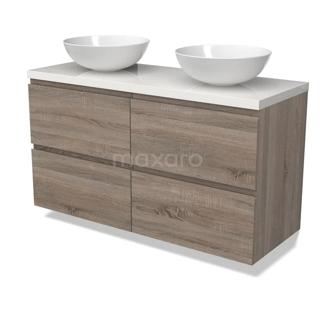 Modulo Plato Badmöbel mit Aufsatzwaschbecken | 120 cm Eiche Grifflos front Hochglanz Weiß blatt 4 Schubladen BMK18-01803