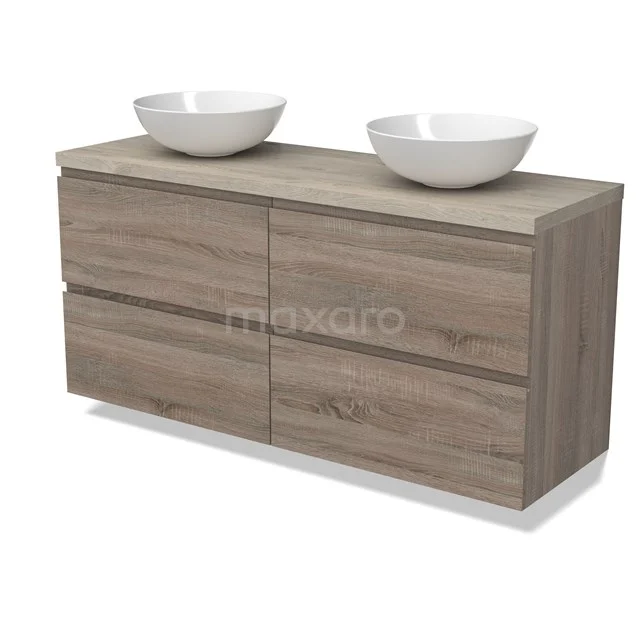 Modulo Plato Badmöbel mit Aufsatzwaschbecken | 140 cm Eiche Grifflos front Hellgraue Eiche blatt 4 Schubladen BMK18-01824