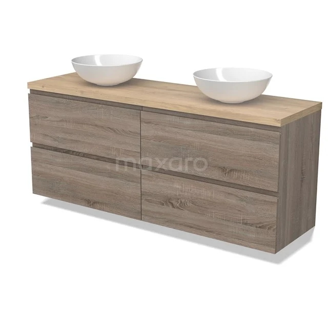 Modulo Plato Badmöbel mit Aufsatzwaschbecken | 160 cm Eiche Grifflos front Hellbraune Eiche blatt 4 Schubladen BMK18-01842