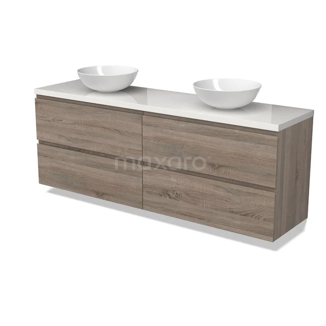 Modulo Plato Badmöbel mit Aufsatzwaschbecken | 180 cm Eiche Grifflos front Hochglanz Weiß blatt 4 Schubladen BMK18-01849