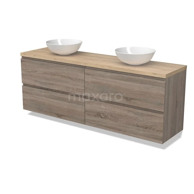 Modulo Plato Badmöbel mit Aufsatzwaschbecken | 200 cm Eiche Grifflos front Hellbraune Eiche blatt 4 Schubladen BMK18-02003