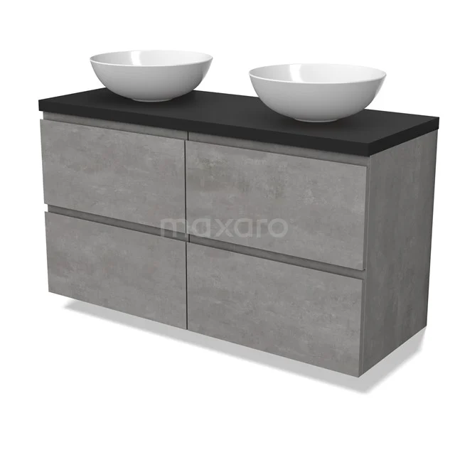 Modulo Plato Vanity units for countertop basin | 120 cm Light grey concrete Handle-less front Matte black worktop 4 drawers BMK18-01856