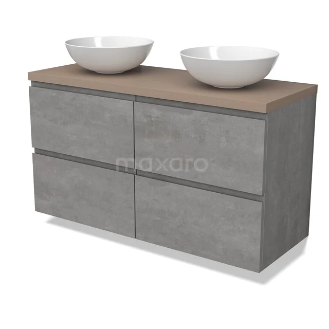 Modulo Plato Badmöbel mit Aufsatzwaschbecken | 120 cm Hellgrauer Beton Grifflos front Taupe blatt 4 Schubladen BMK18-01857
