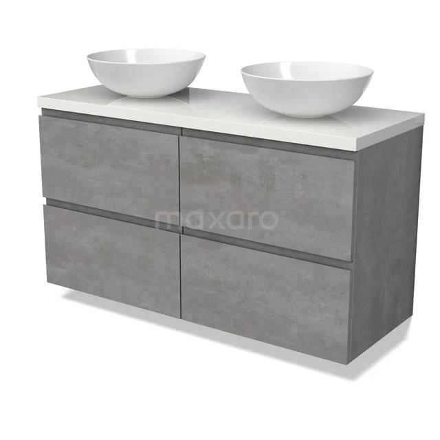 Modulo Plato Badmöbel mit Aufsatzwaschbecken | 120 cm Hellgrauer Beton Grifflos front Hochglanz Weiß blatt 4 Schubladen BMK18-01859