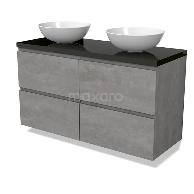 Modulo Plato Vanity units for countertop basin | 120 cm Light grey concrete Handle-less front High-gloss black worktop 4 drawers BMK18-01862