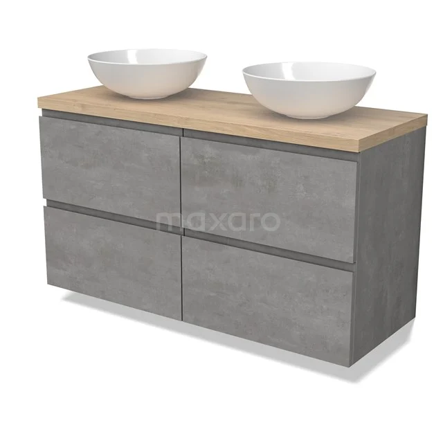 Modulo Plato Badmöbel mit Aufsatzwaschbecken | 120 cm Hellgrauer Beton Grifflos front Hellbraune Eiche blatt 4 Schubladen BMK18-01867