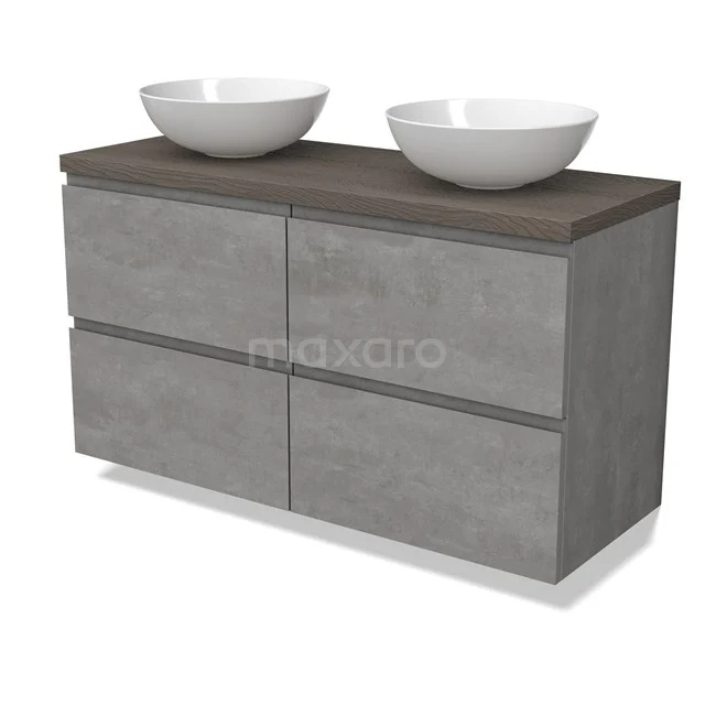 Modulo Plato Vanity units for countertop basin | 120 cm Light grey concrete Handle-less front Dark brown oak worktop 4 drawers BMK18-01869
