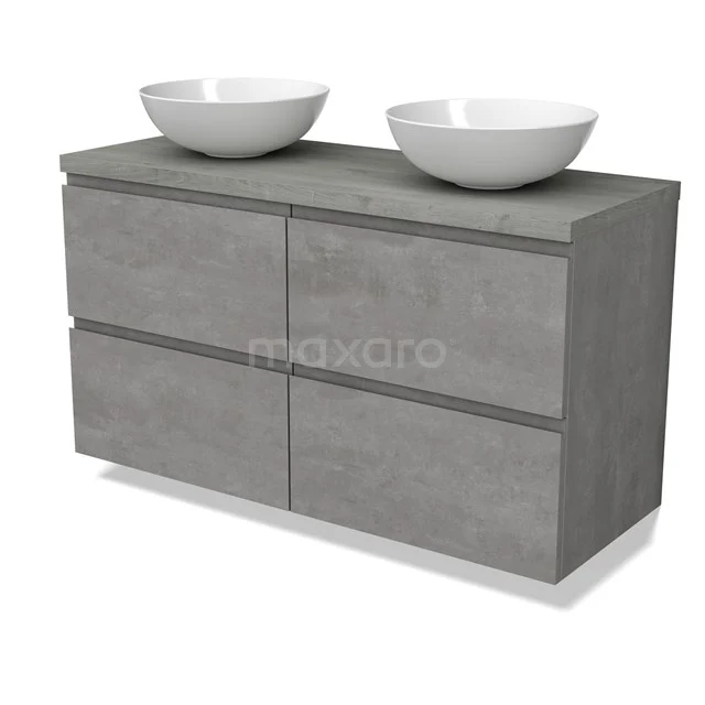 Modulo Plato Vanity units for countertop basin | 120 cm Light grey concrete Handle-less front Grey oak worktop 4 drawers BMK18-01870