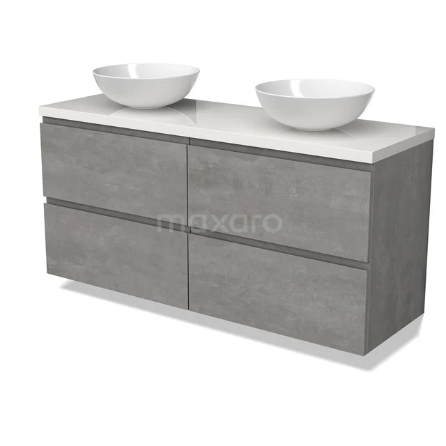 Modulo Plato Vanity units for countertop basin | 140 cm Light grey concrete Handle-less front High-gloss white worktop 4 drawers BMK18-01875
