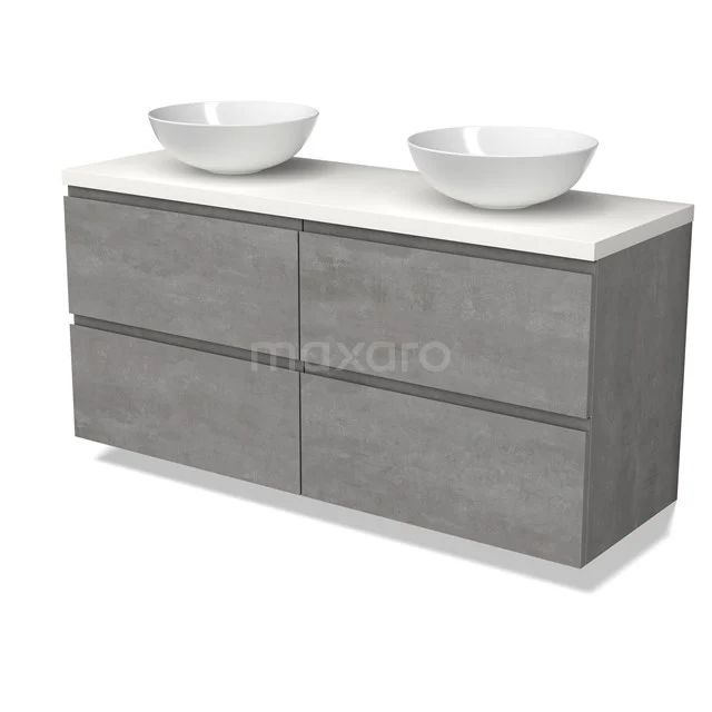 Modulo Plato Badmöbel mit Aufsatzwaschbecken | 140 cm Hellgrauer Beton Grifflos front Matt Weiß blatt 4 Schubladen BMK18-01876