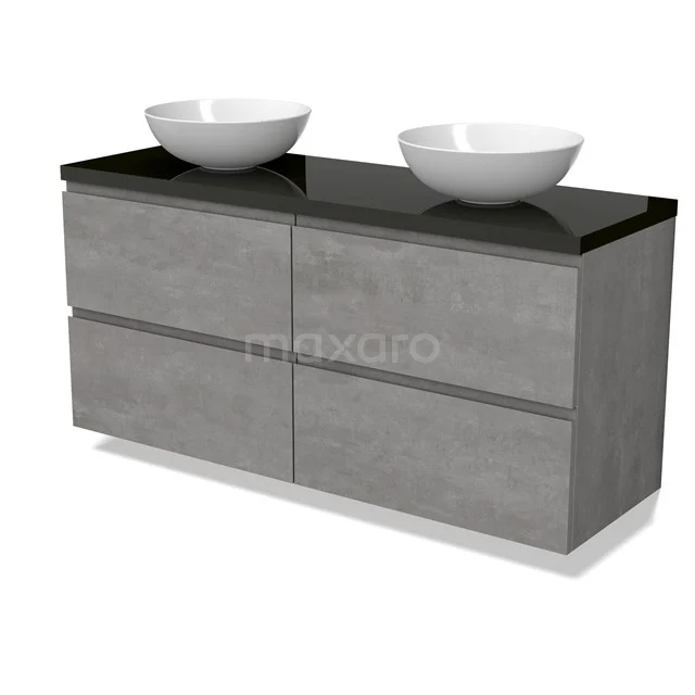 Modulo Plato Vanity units for countertop basin | 140 cm Light grey concrete Handle-less front High-gloss black worktop 4 drawers BMK18-01878