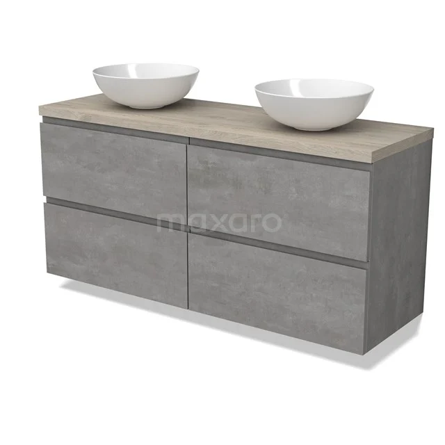 Modulo Plato Badmöbel mit Aufsatzwaschbecken | 140 cm Hellgrauer Beton Grifflos front Hellgraue Eiche blatt 4 Schubladen BMK18-01880