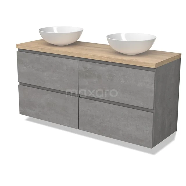 Modulo Plato Vanity units for countertop basin | 140 cm Light grey concrete Handle-less front Light brown oak worktop 4 drawers BMK18-01881