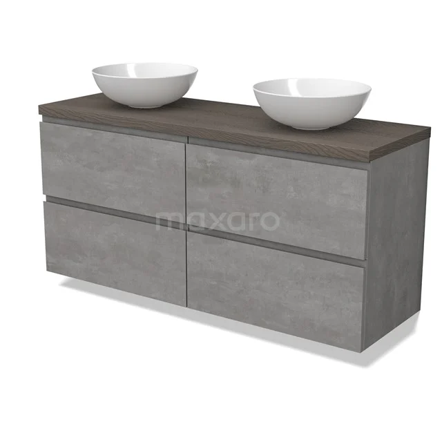 Modulo Plato Vanity units for countertop basin | 140 cm Light grey concrete Handle-less front Dark brown oak worktop 4 drawers BMK18-01883