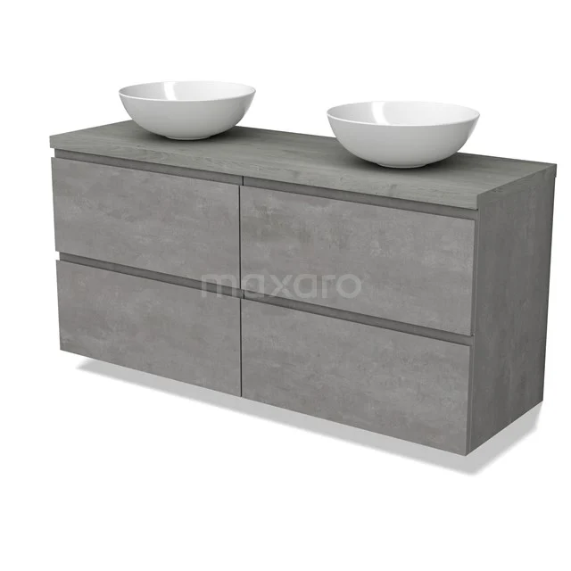Modulo Plato Vanity units for countertop basin | 140 cm Light grey concrete Handle-less front Grey oak worktop 4 drawers BMK18-01884