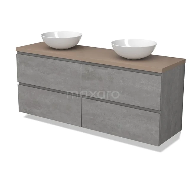 Modulo Plato Badmöbel mit Aufsatzwaschbecken | 160 cm Hellgrauer Beton Grifflos front Taupe blatt 4 Schubladen BMK18-01888