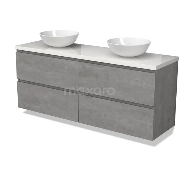 Modulo Plato Vanity units for countertop basin | 160 cm Light grey concrete Handle-less front High-gloss white worktop 4 drawers BMK18-01890