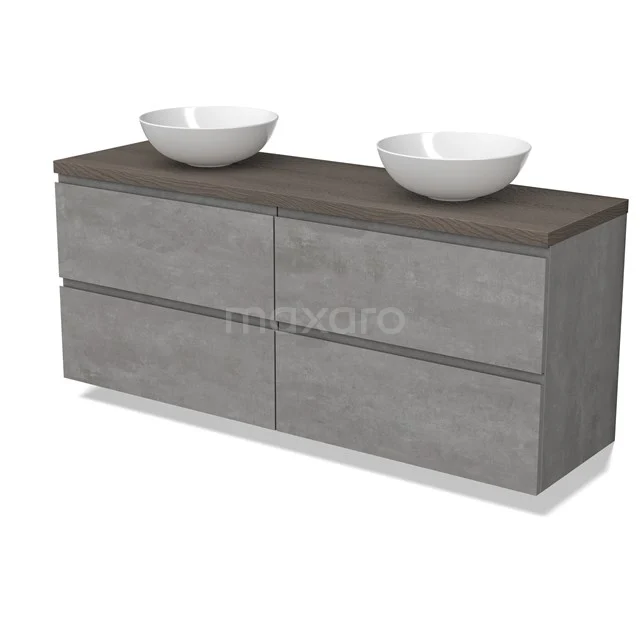Modulo Plato Vanity units for countertop basin | 160 cm Light grey concrete Handle-less front Dark brown oak worktop 4 drawers BMK18-01900