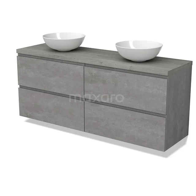 Modulo Plato Vanity units for countertop basin | 160 cm Light grey concrete Handle-less front Grey oak worktop 4 drawers BMK18-01901