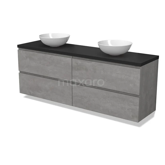 Modulo Plato Badmöbel mit Aufsatzwaschbecken | 180 cm Hellgrauer Beton Grifflos front Matt Schwarz blatt 4 Schubladen BMK18-01904