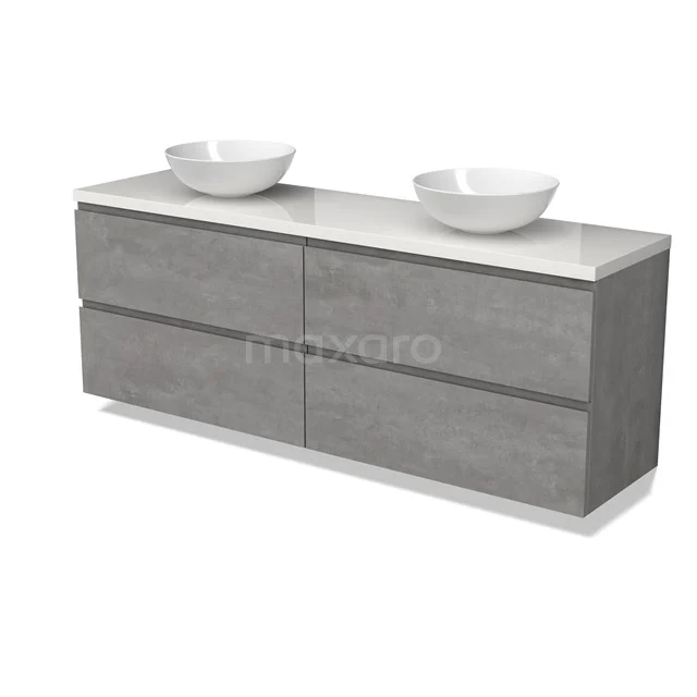 Modulo Plato Badmöbel mit Aufsatzwaschbecken | 180 cm Hellgrauer Beton Grifflos front Hochglanz Weiß blatt 4 Schubladen BMK18-01905