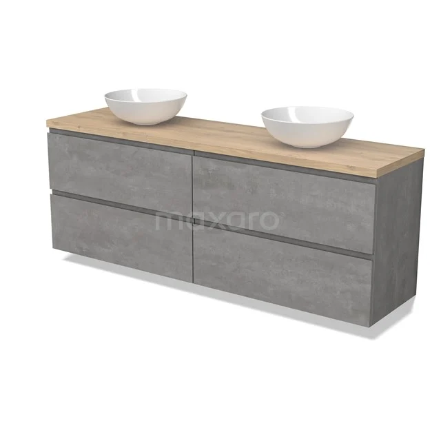 Modulo Plato Badmöbel mit Aufsatzwaschbecken | 180 cm Hellgrauer Beton Grifflos front Hellbraune Eiche blatt 4 Schubladen BMK18-01909