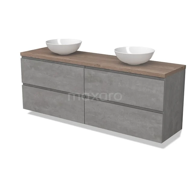 Modulo Plato Vanity units for countertop basin | 180 cm Light grey concrete Handle-less front Mid brown oak worktop 4 drawers BMK18-01910