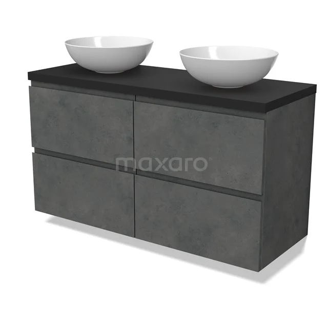 Modulo Plato Vanity units for countertop basin | 120 cm Dark grey concrete Handle-less front Matte black worktop 4 drawers BMK18-01912