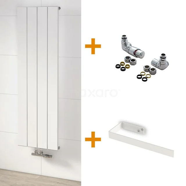 Radiator set Jupiter with tap and towel rail Matte white 701 watts 120x37.5cm Vertical DRS003A White vertical design radiator with mounting material and connection set, ideal for stylish warmth in the bathroom.