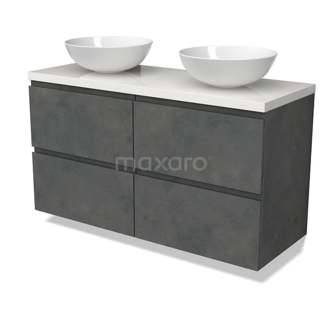Modulo Plato Vanity units for countertop basin | 120 cm Dark grey concrete Handle-less front High-gloss white worktop 4 drawers BMK18-01915