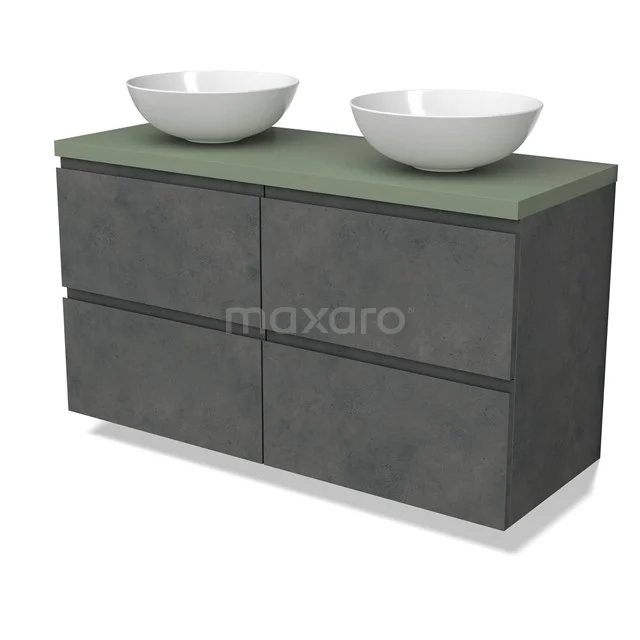 Modulo Plato Badmöbel mit Aufsatzwaschbecken | 120 cm Dunkelgrauer Beton Grifflos front Salbeigrün blatt 4 Schubladen BMK18-01919