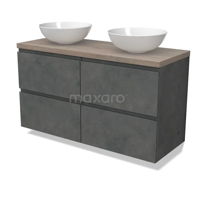 Modulo Plato Badmöbel mit Aufsatzwaschbecken | 120 cm Dunkelgrauer Beton Grifflos front Eiche blatt 4 Schubladen BMK18-01921