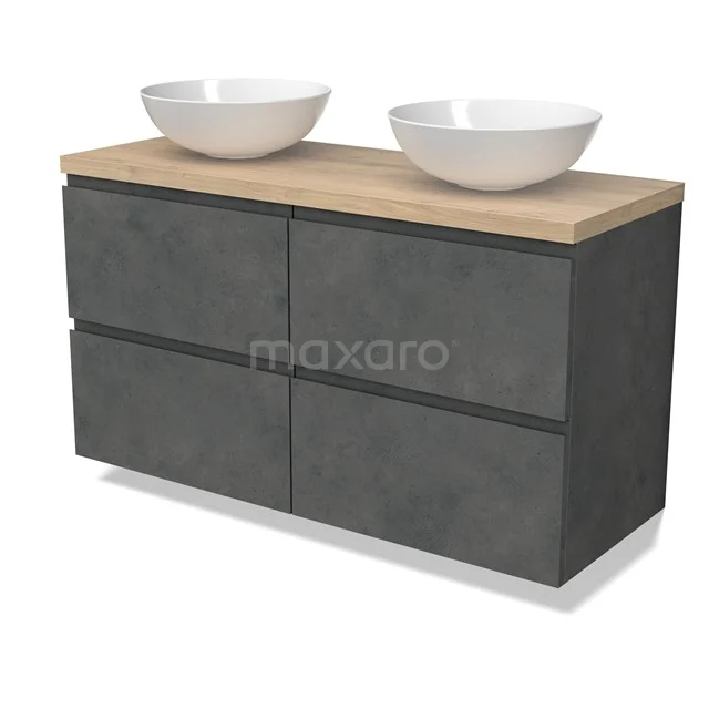 Modulo Plato Vanity units for countertop basin | 120 cm Dark grey concrete Handle-less front Light brown oak worktop 4 drawers BMK18-01923